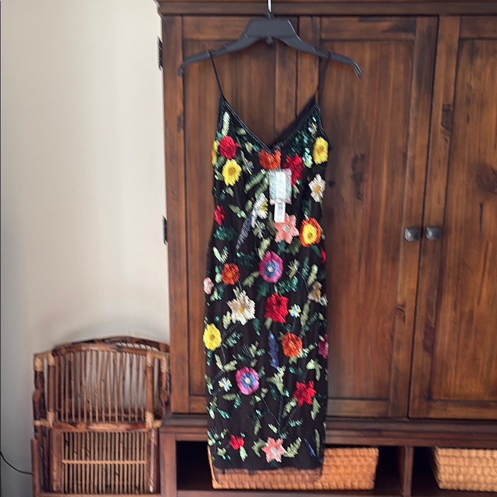 Gianni Bini Black Floral Sequin Midi Dress